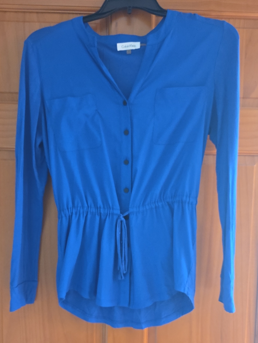 Calvin Klein Blue Long-Sleeve Button-Front Drawstring Top - Women's Medium